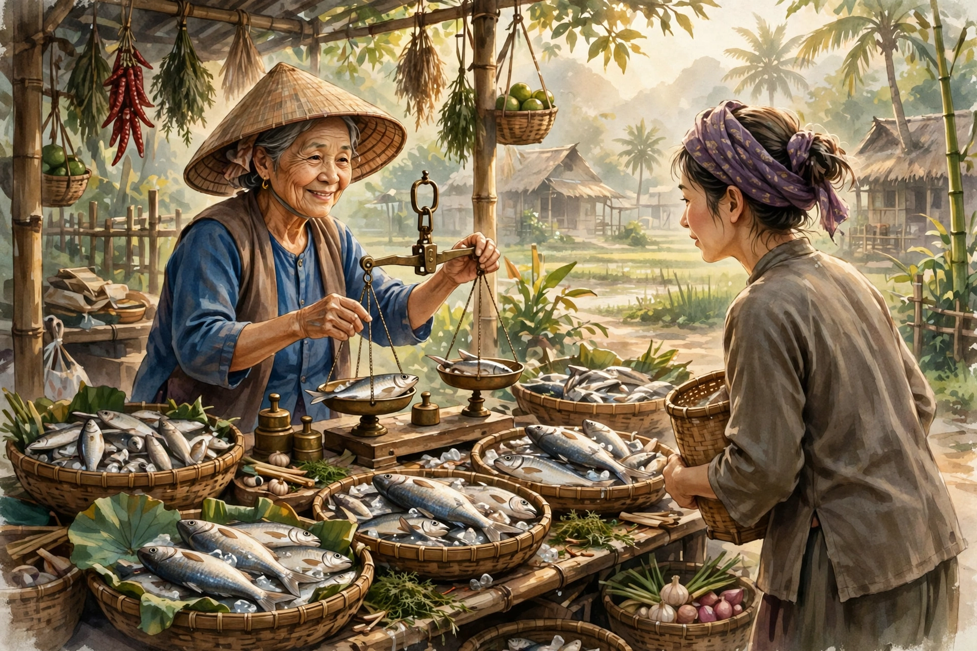 Câu chuyện nhân quả: bà Sáu bán cá cân dư cho khách ở chợ quê
